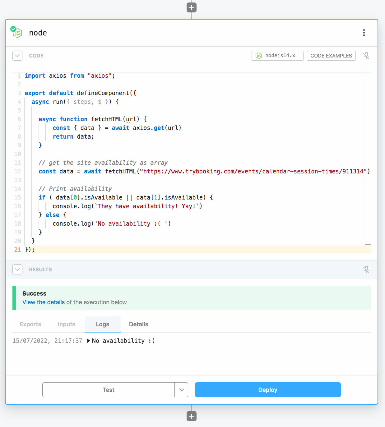 Pipedream Node.js code step with successful execution logs