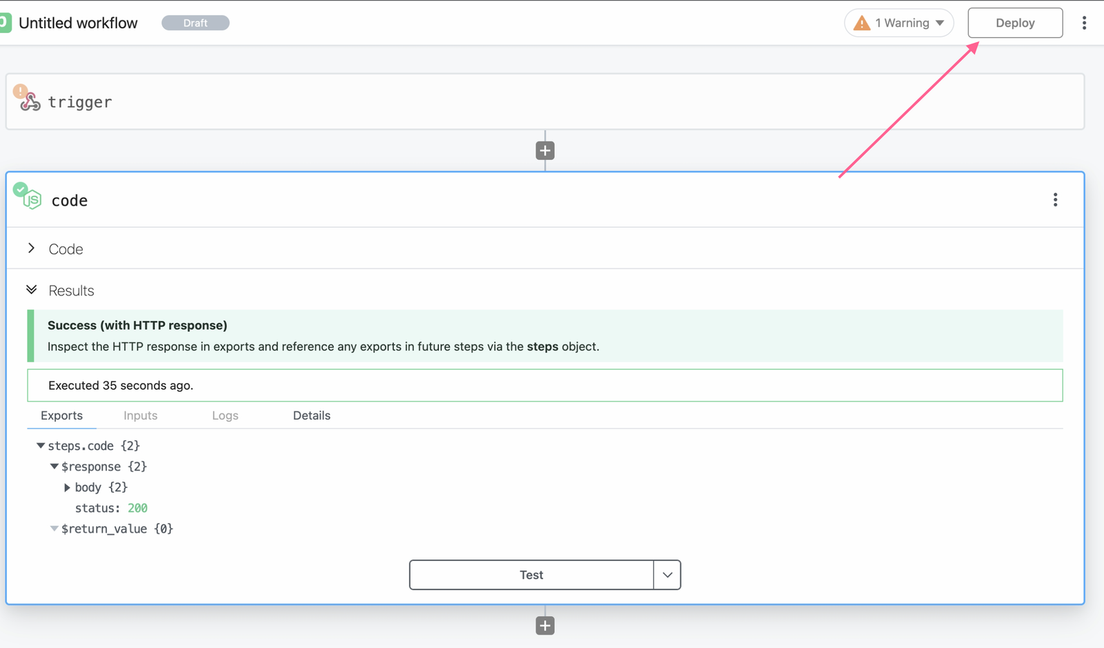 Pipedream workflow code step test results and Deploy button