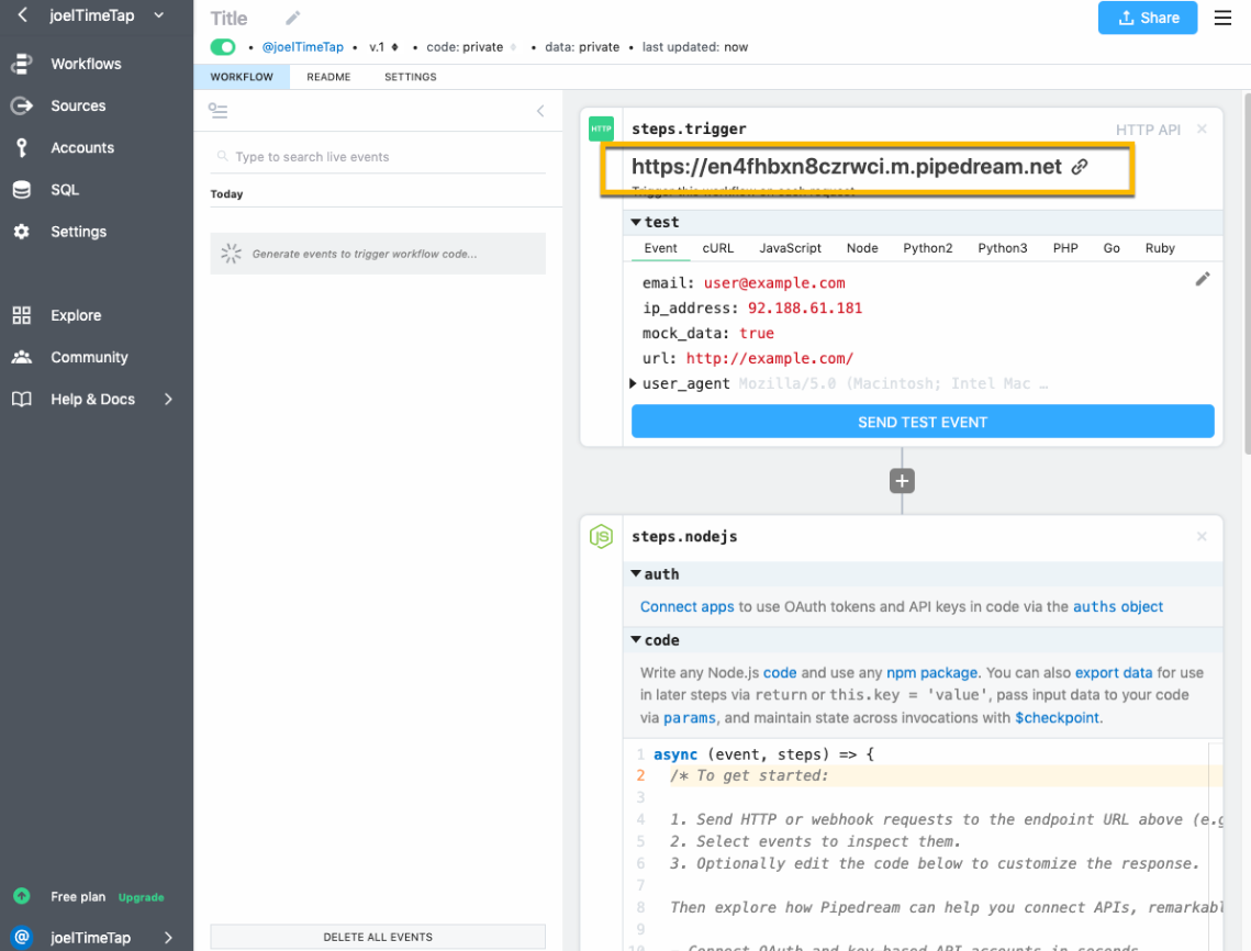 Pipedream HTTP webhook endpoint with test event and Node.js step