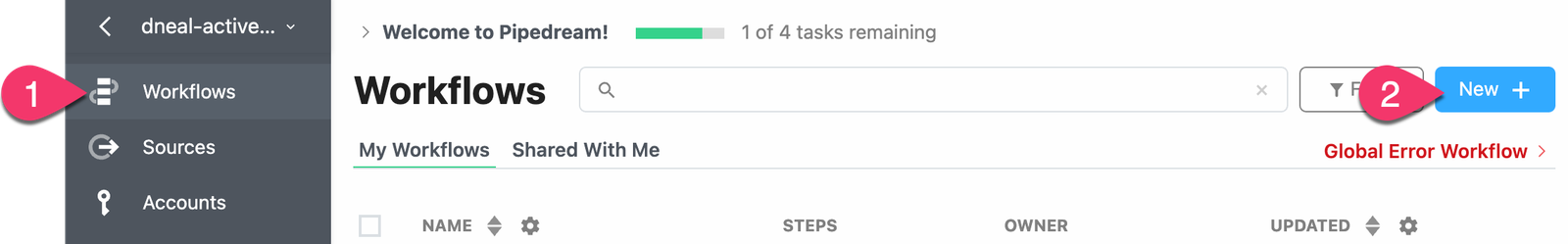 Pipedream workflows list interface with New workflow button