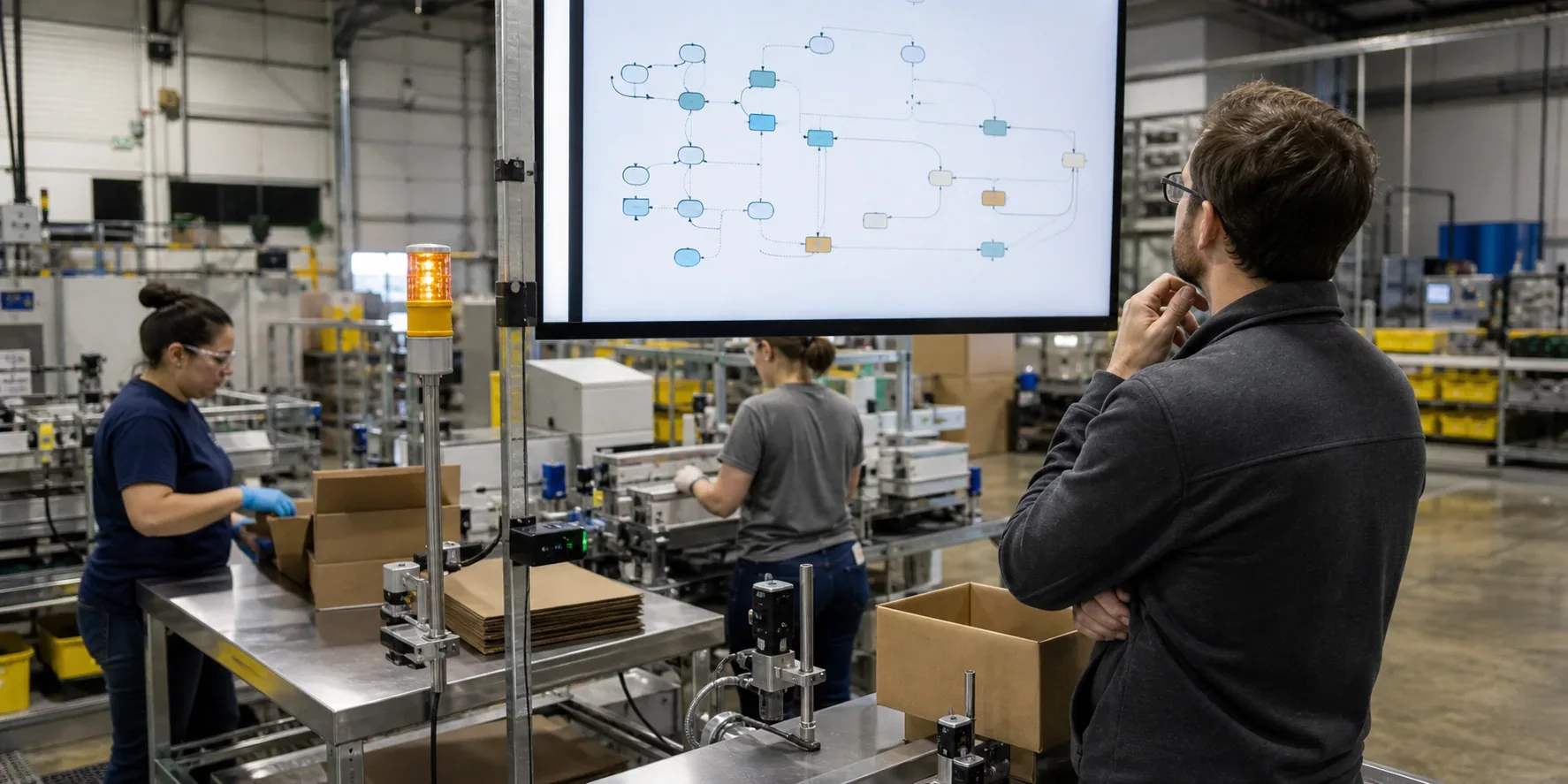 Instrumented packing process collecting events automatically while an analyst reviews a process map and bottleneck signal