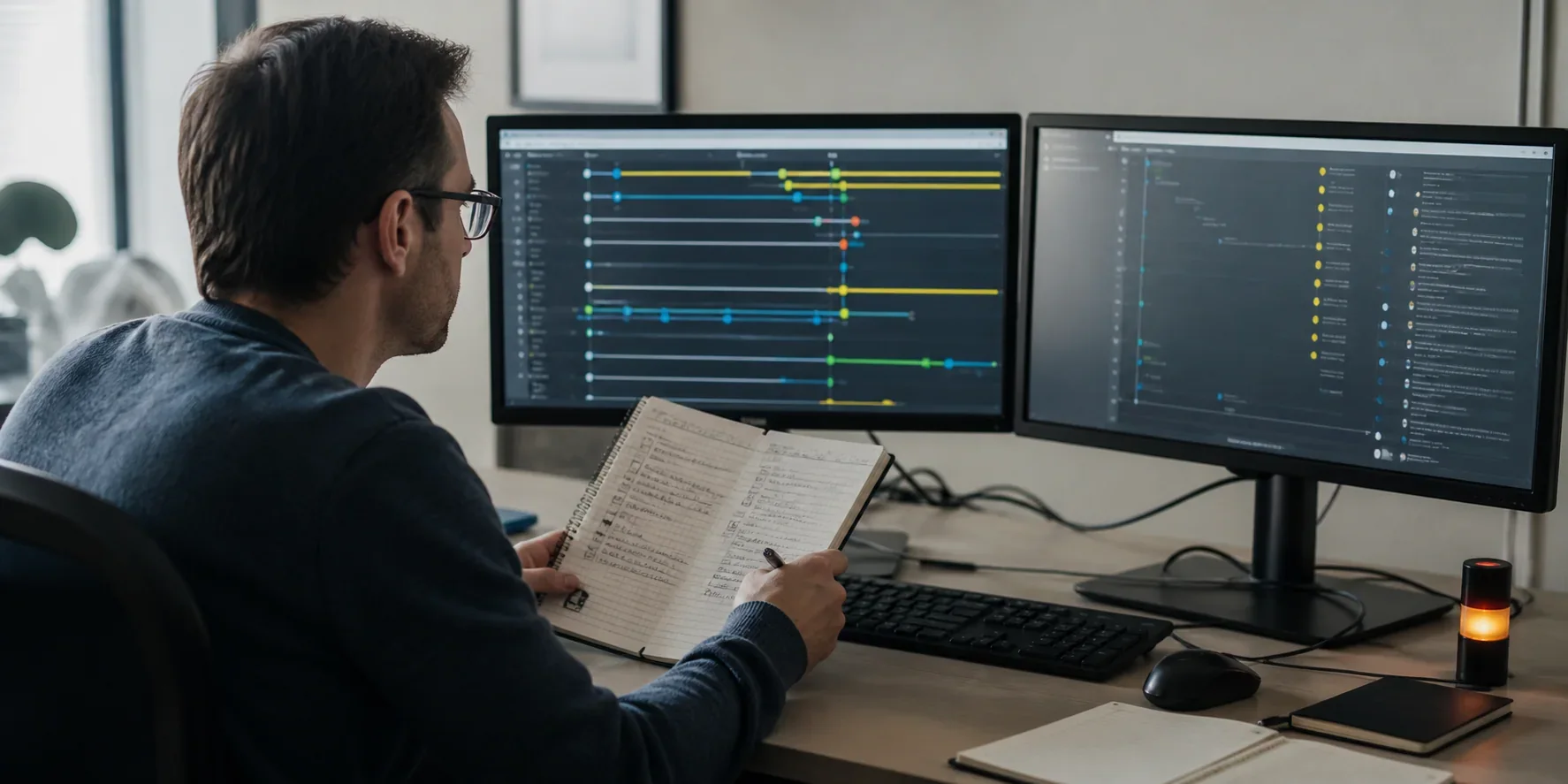 Automation operator comparing a workflow execution timeline with an incident checklist at a dual-monitor workstation