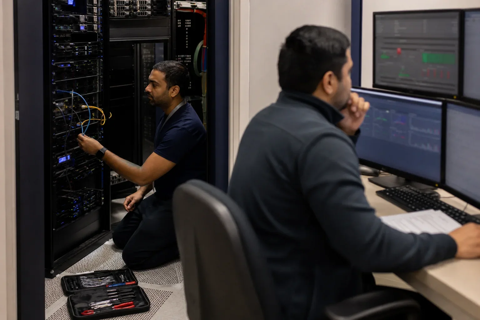 A technician maintaining server hardware while another monitors software systems