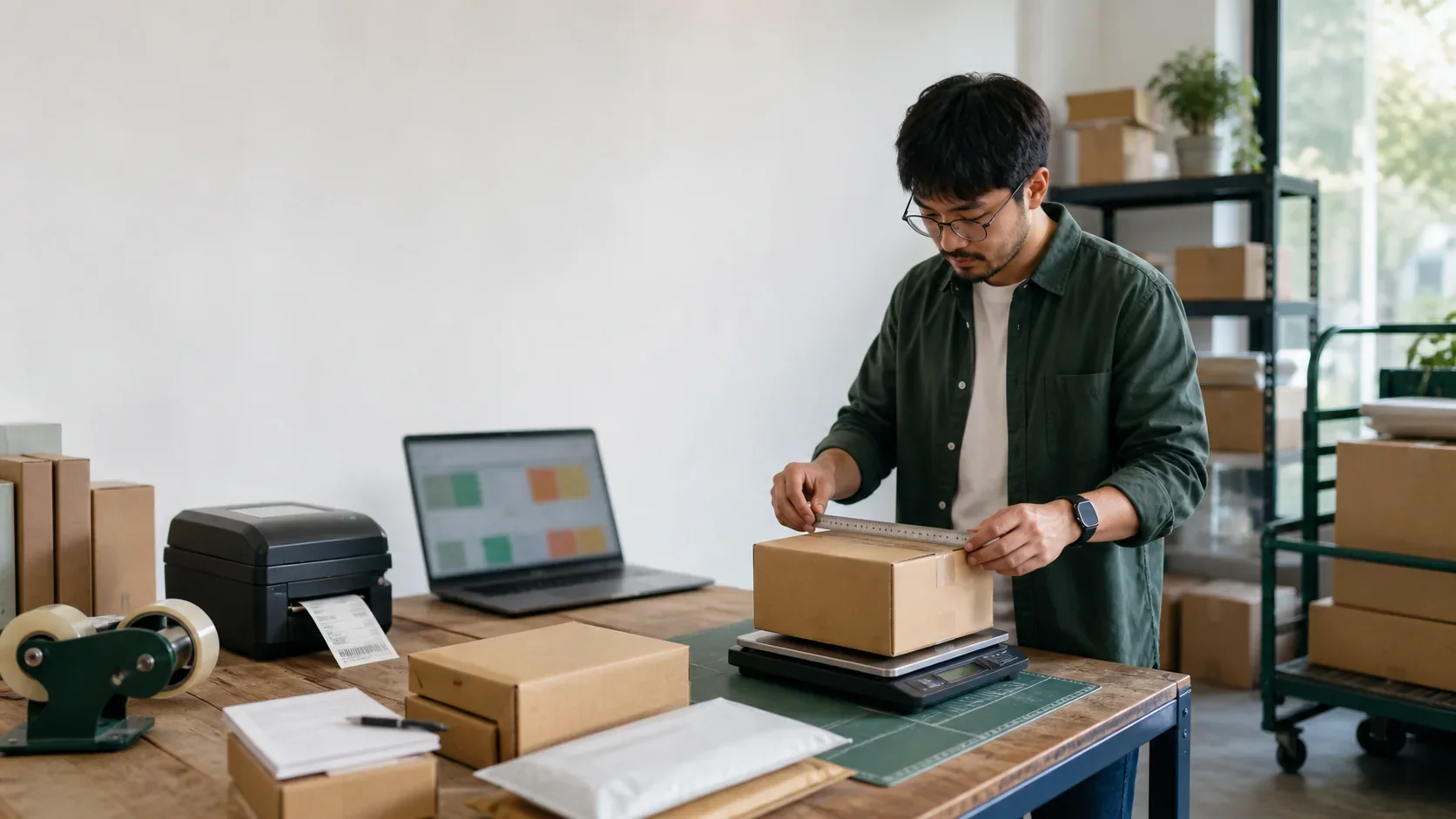 Small ecommerce shipping station with parcels, label printer, scale, and carrier pickup preparation