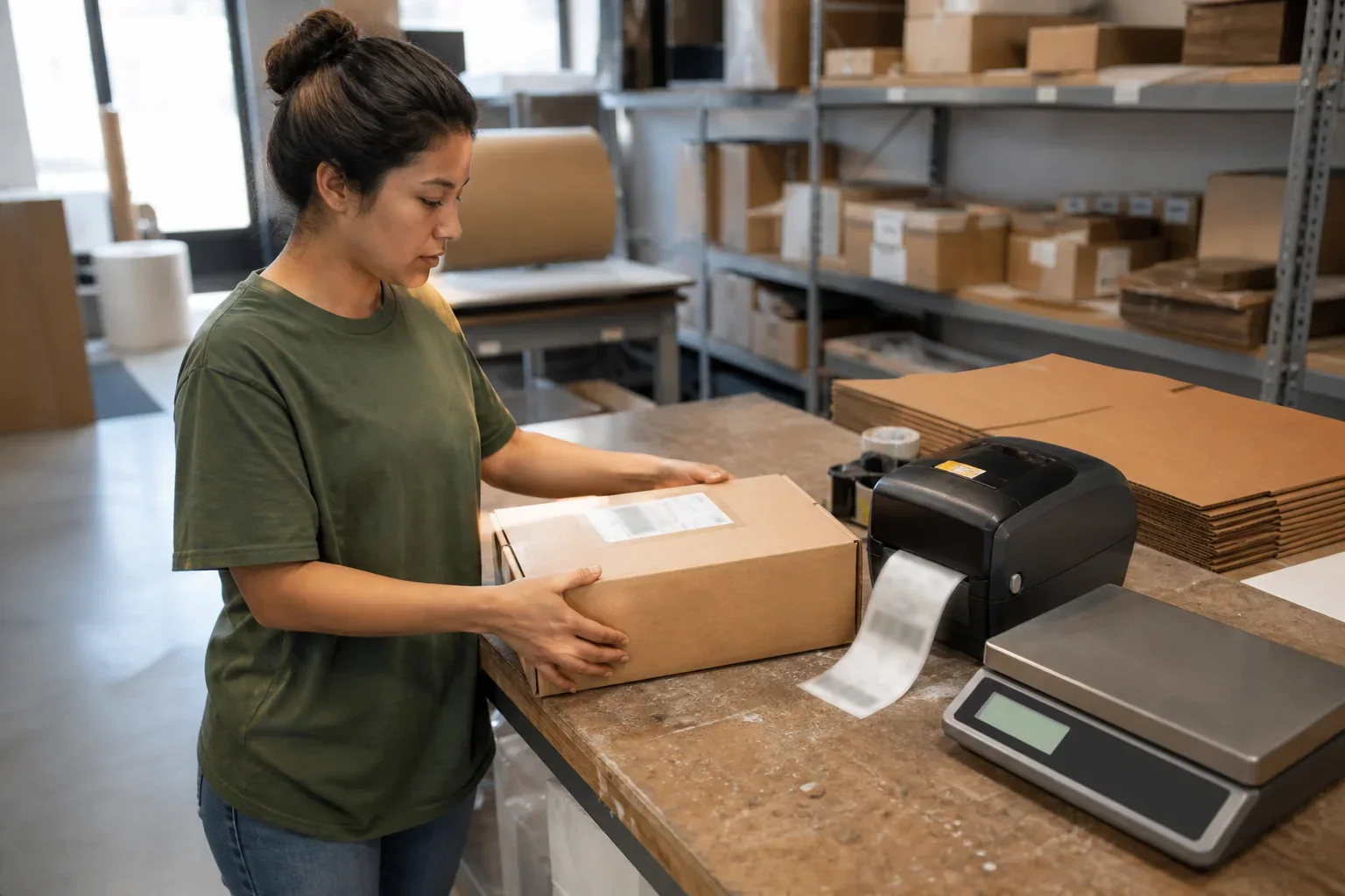 Warehouse operator preparing an ecommerce parcel beside a label printer and scale