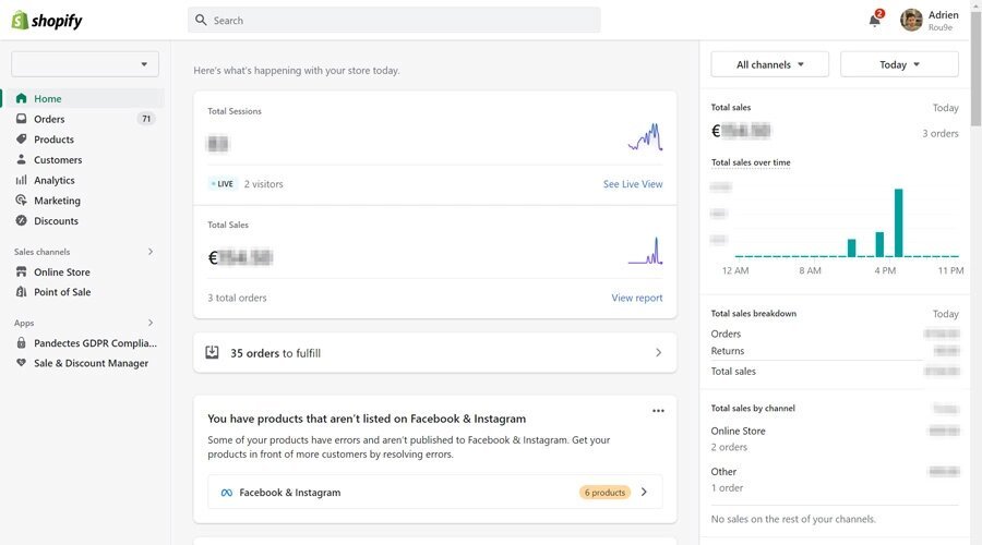 Shopify admin dashboard with orders products customers analytics marketing and discounts navigation