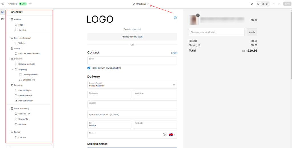Shopify checkout editor with checkout sections and live checkout preview