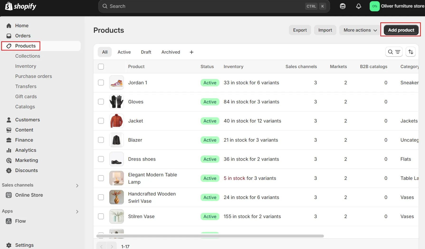 Shopify Products admin showing product status inventory variants sales channels and markets