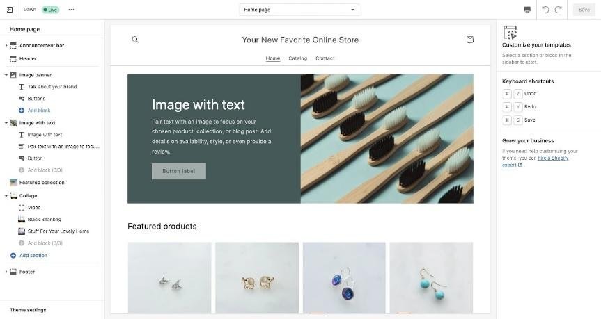 Shopify theme editor with homepage sections and live storefront preview