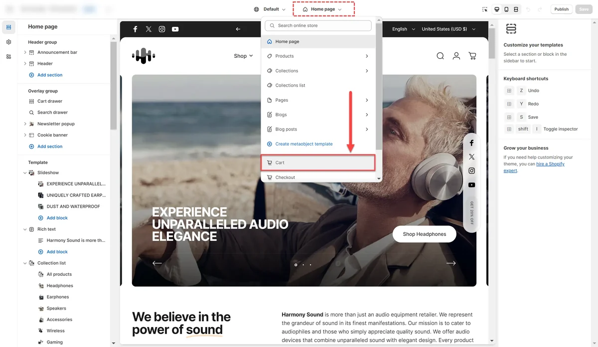 Shopify theme editor showing homepage sections and cart checkout template selector