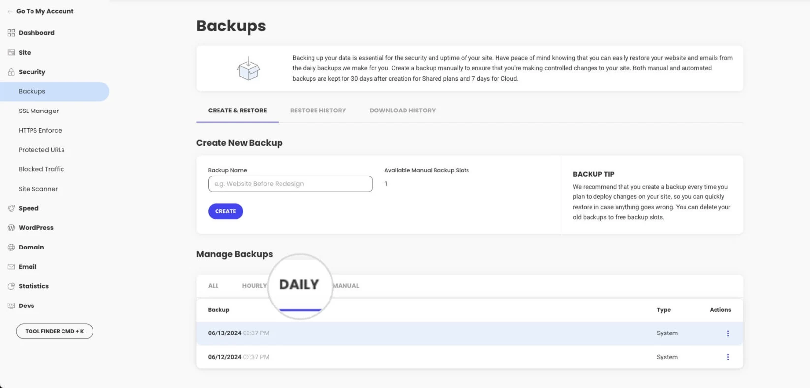SiteGround Site Tools backups screen showing automatic daily backups and manual backup creation