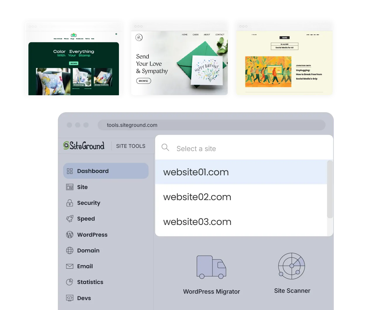 SiteGround Site Tools interface showing website-focused management and switching between multiple sites
