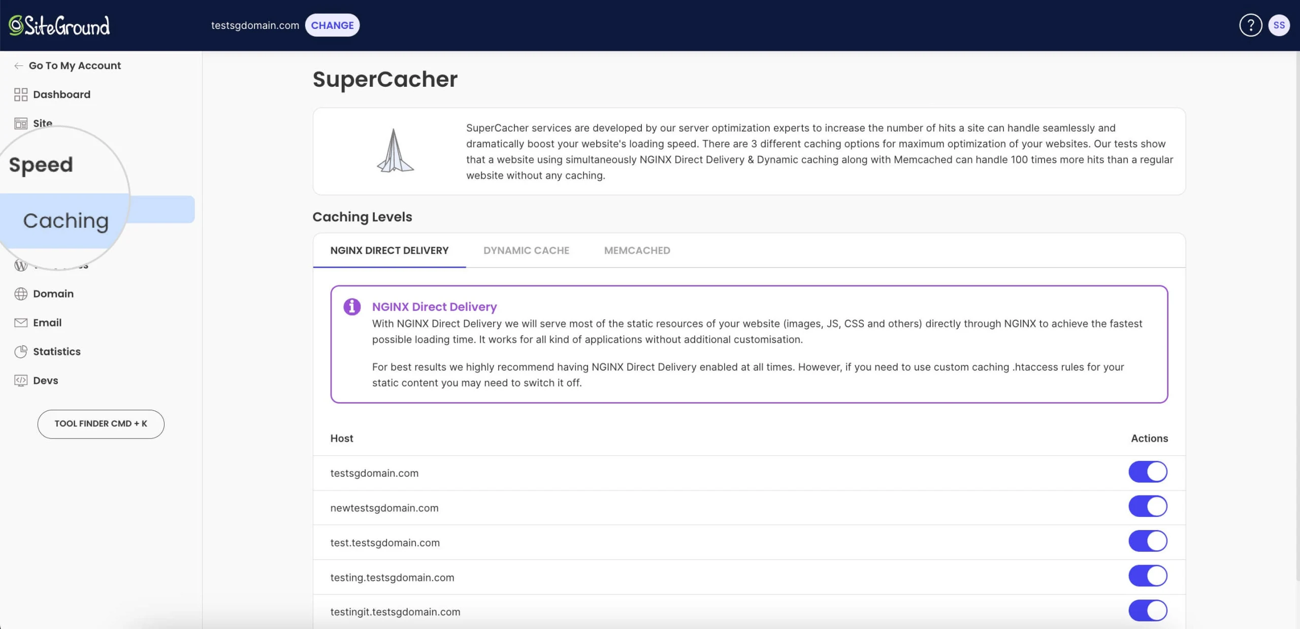 SiteGround SuperCacher interface showing NGINX Direct Delivery caching in Site Tools