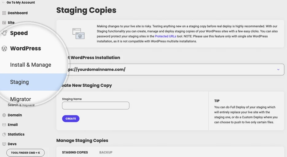 SiteGround WordPress Staging screen for creating and managing staging copies