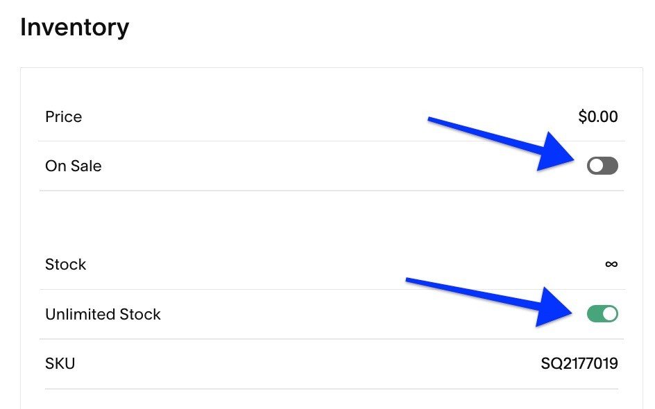 Squarespace inventory interface