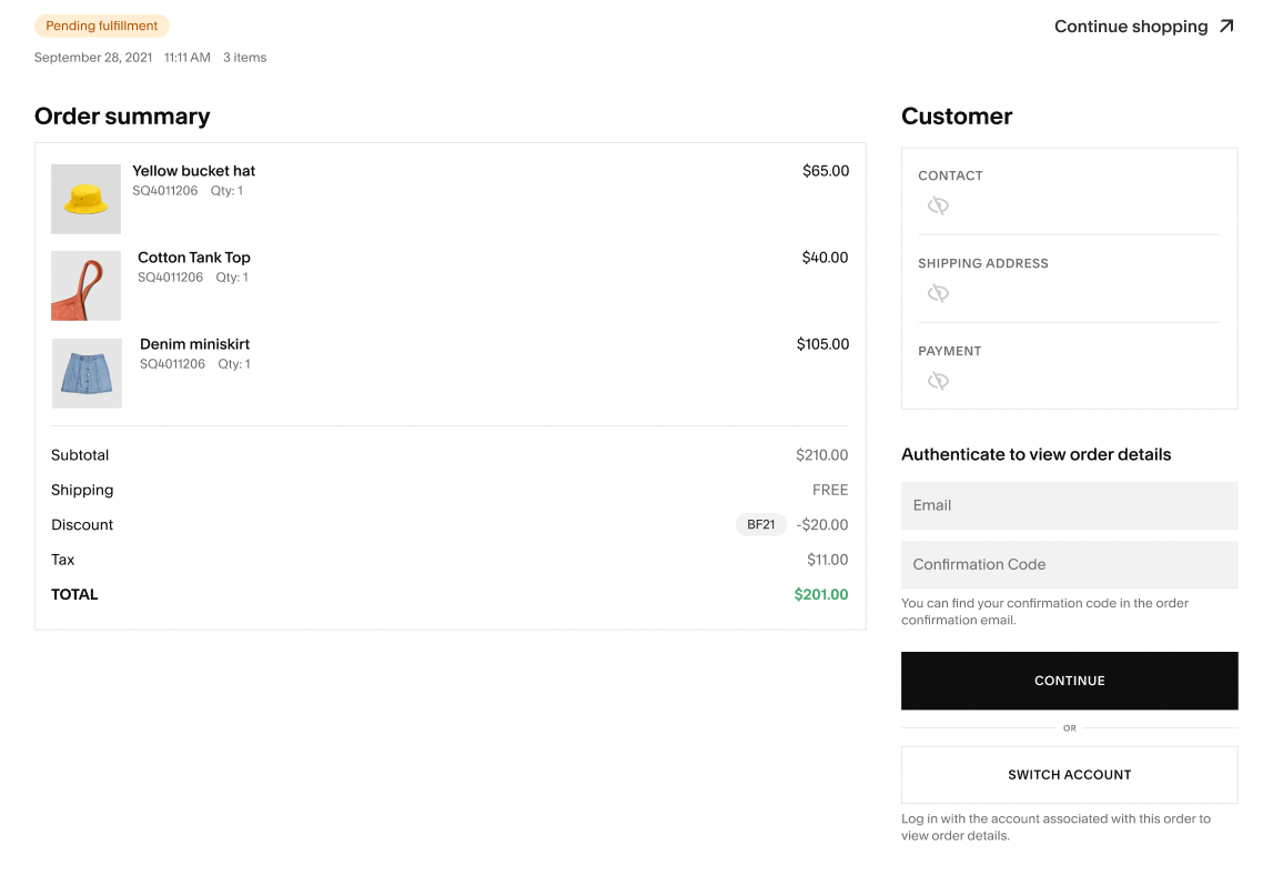 Squarespace order summary interface