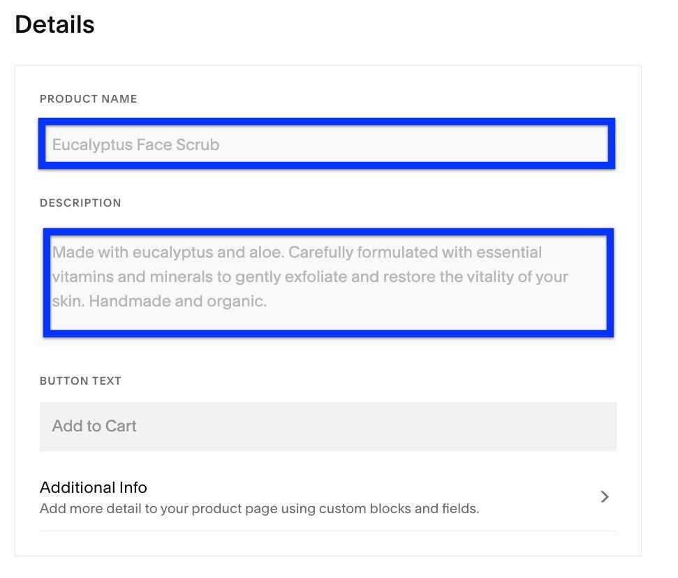 Squarespace product details interface
