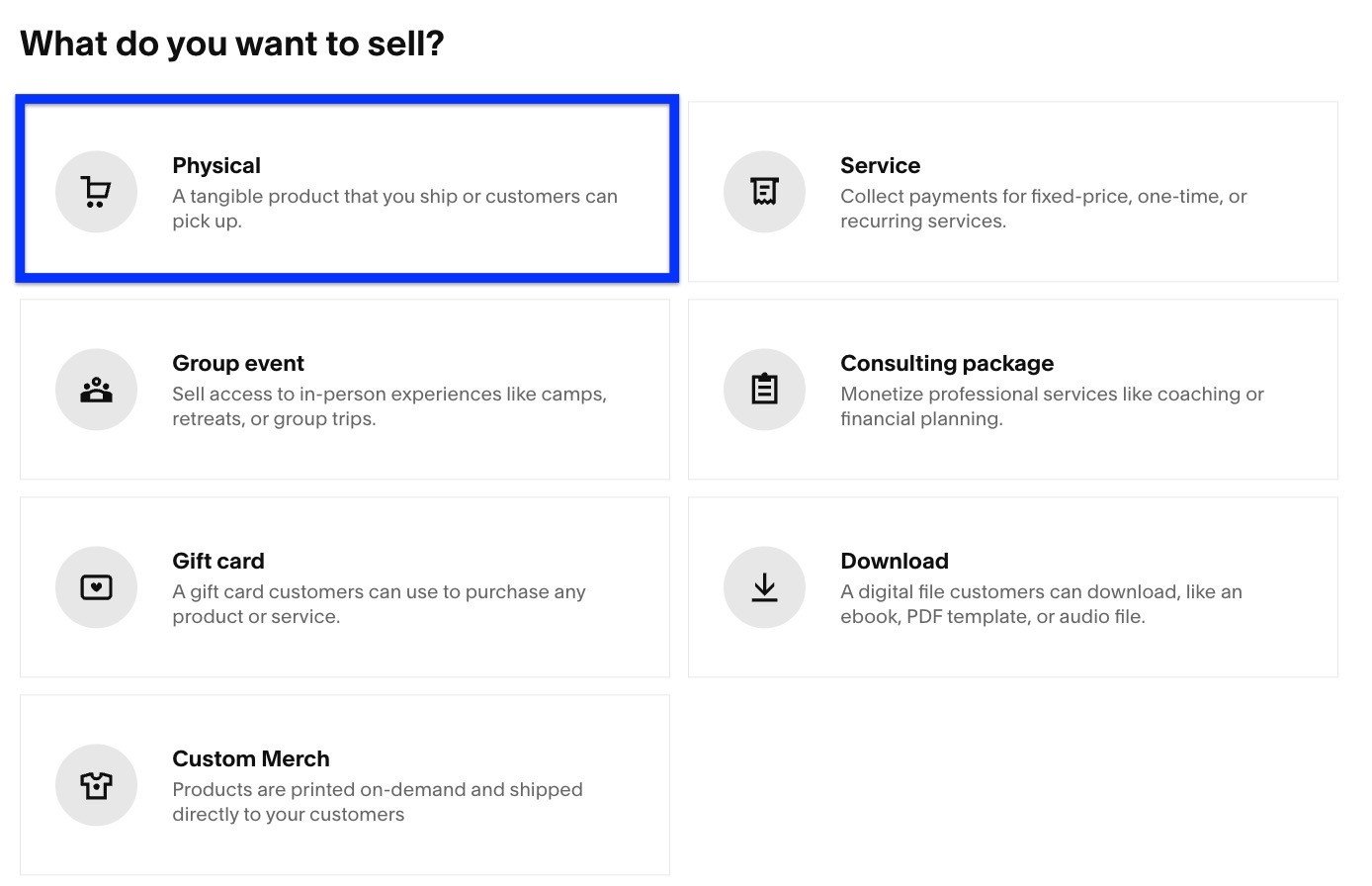 Squarespace product types interface