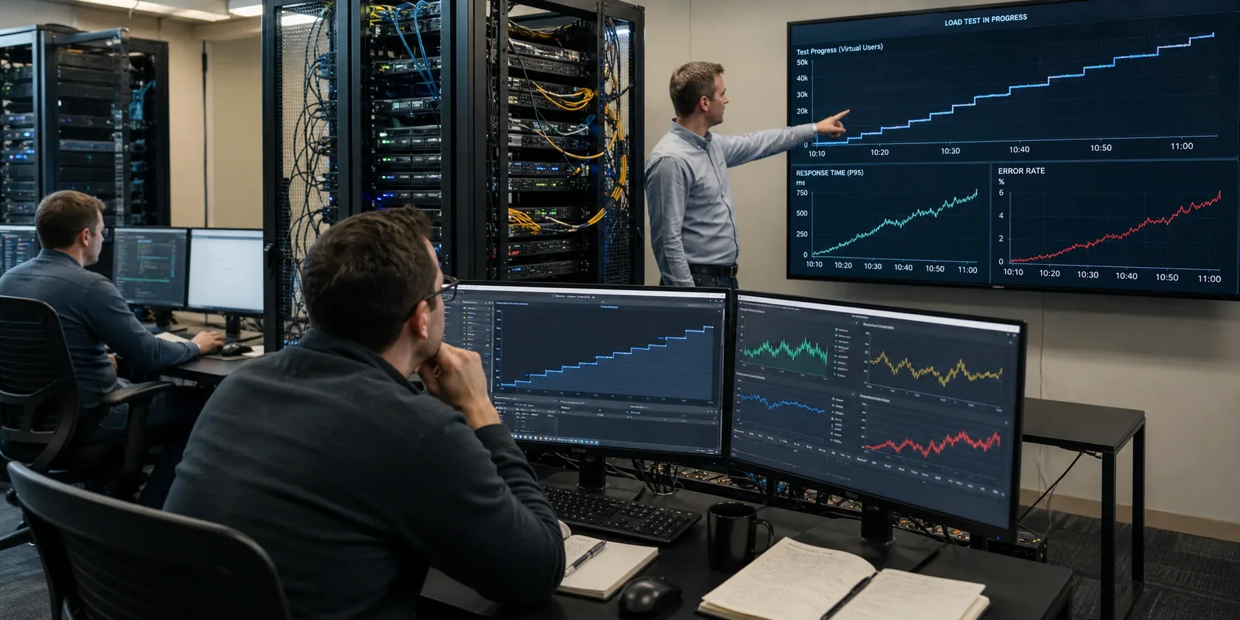 Engineers evaluating hosting performance in a realistic operations workspace