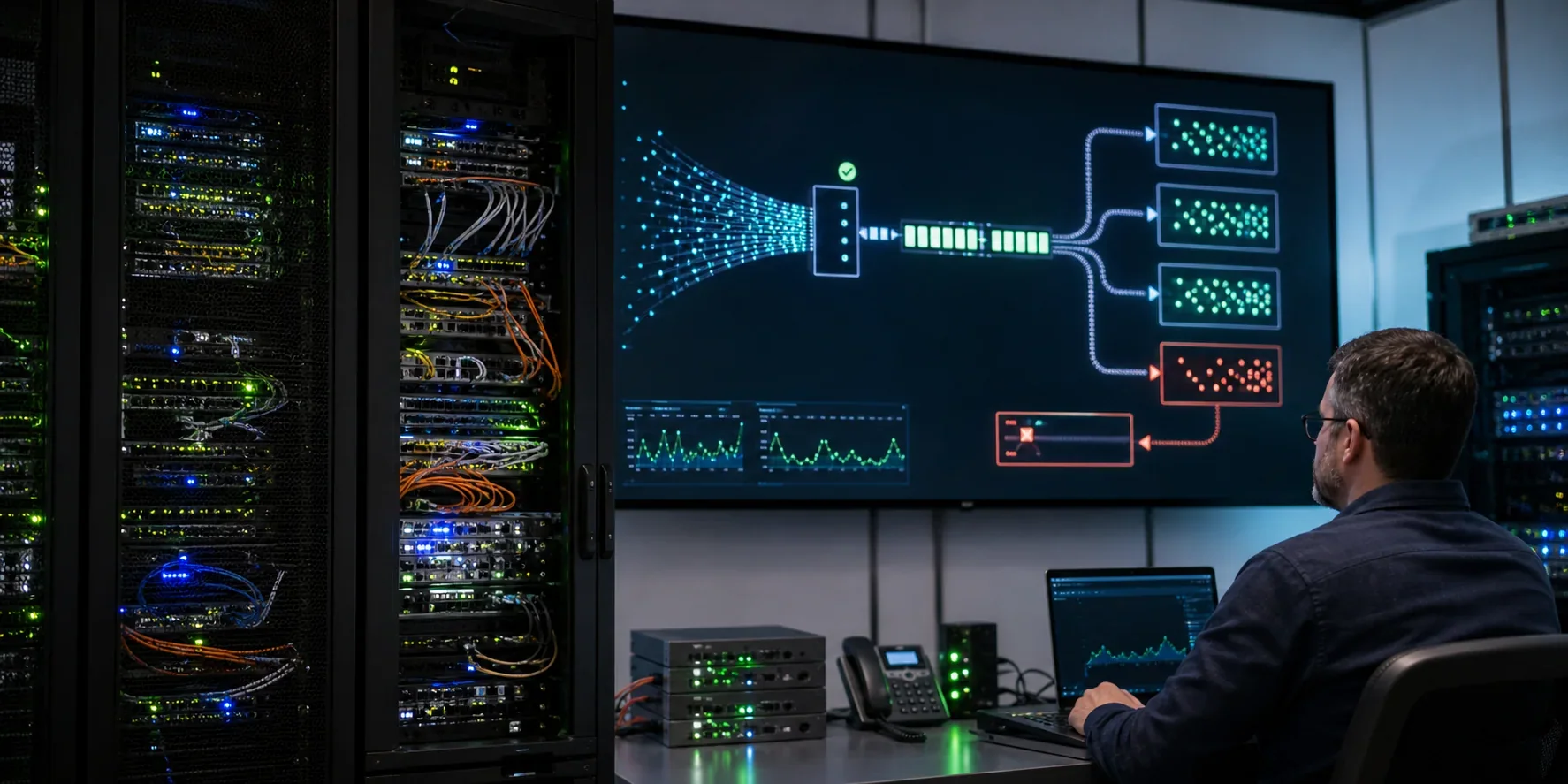Operations engineer monitoring verified events moving through a queue into downstream services and an exception lane