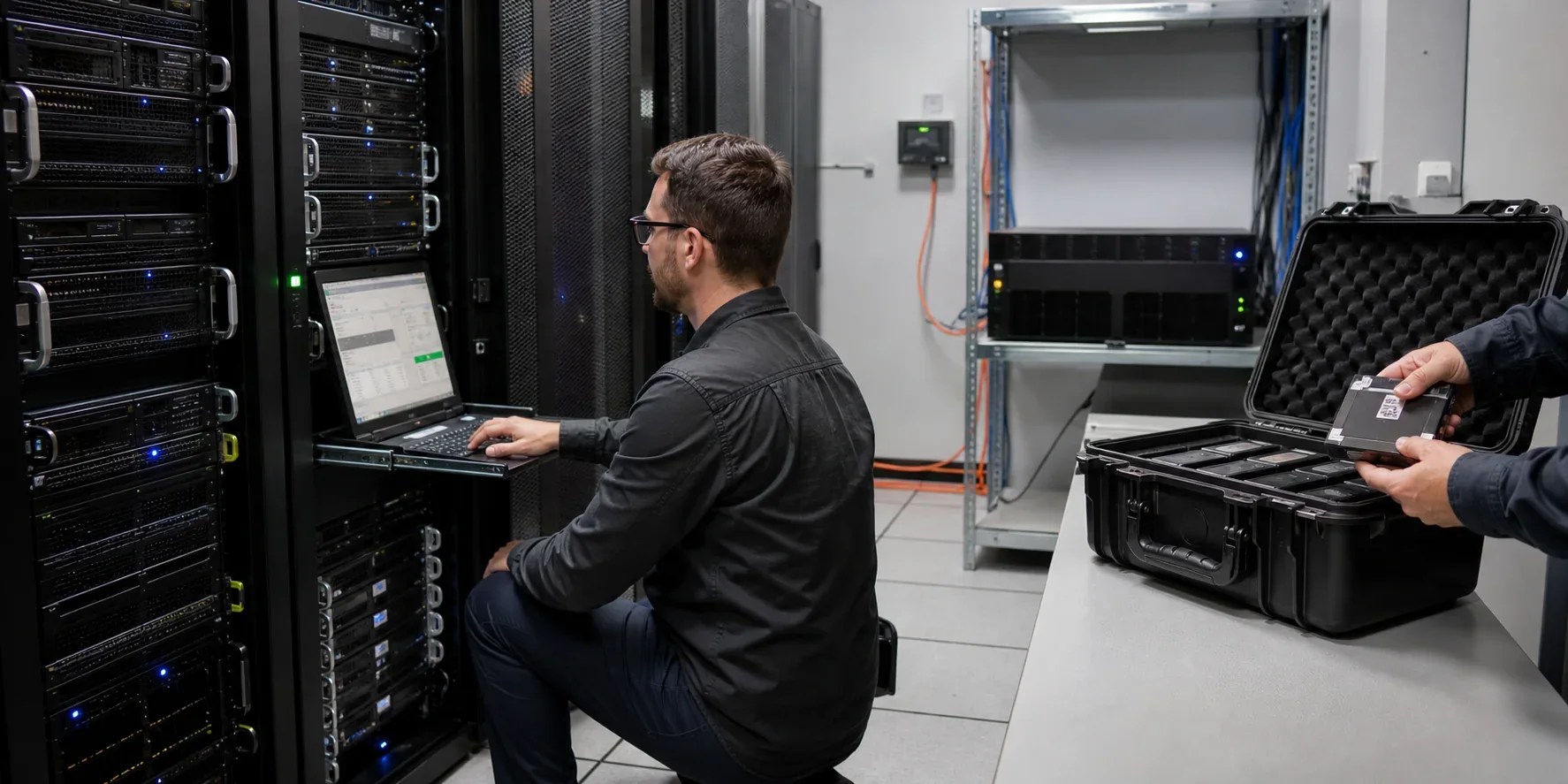 A technician monitoring secure website backup infrastructure