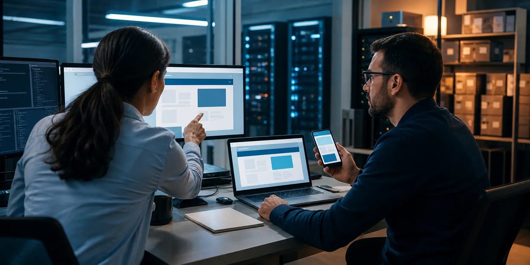 IT professionals testing a restored website on desktop, laptop, and mobile devices