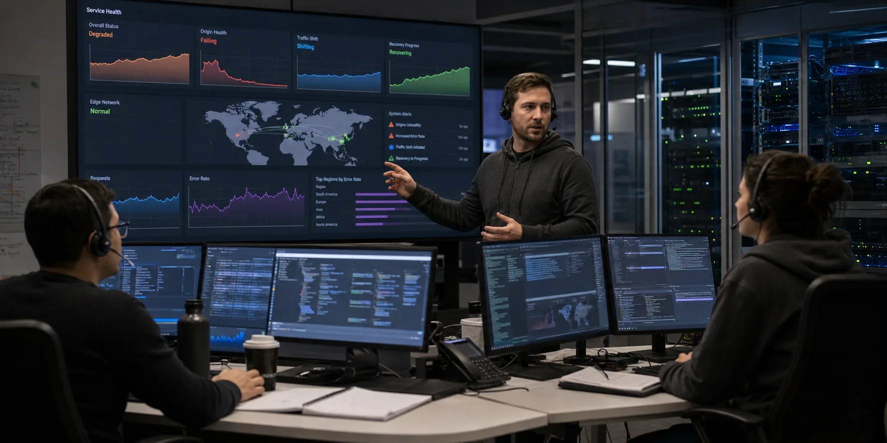 Operations team coordinating a response to a website hosting incident