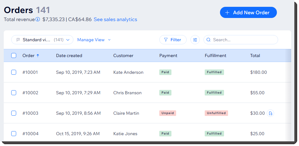 Wix orders interface