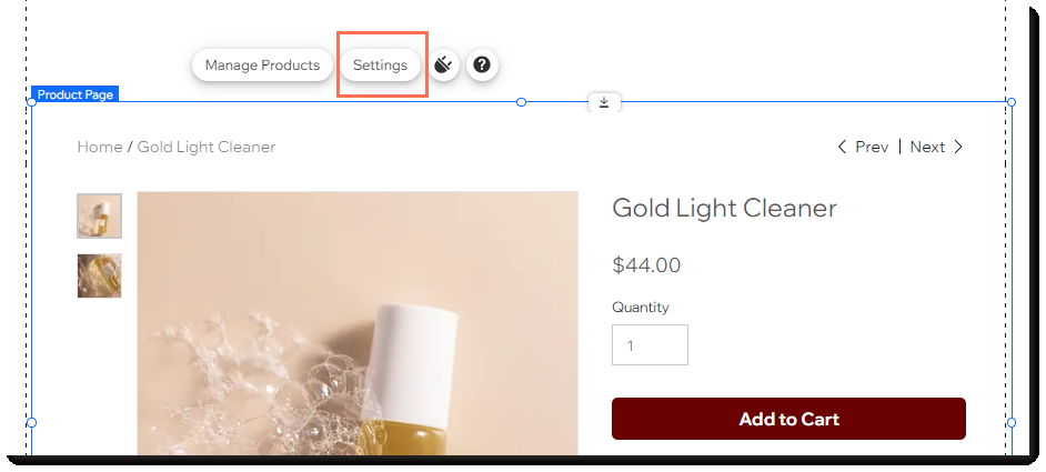 Wix product page editor interface
