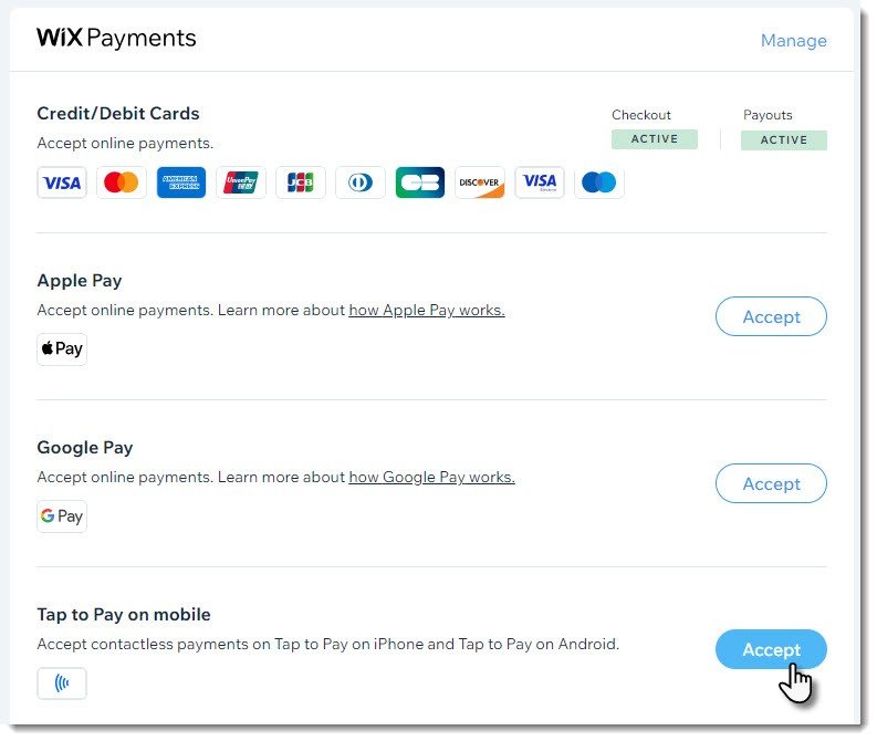 Wix Tap to Pay interface