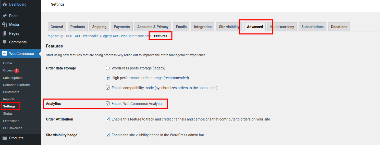 WooCommerce feature settings interface inside WordPress admin