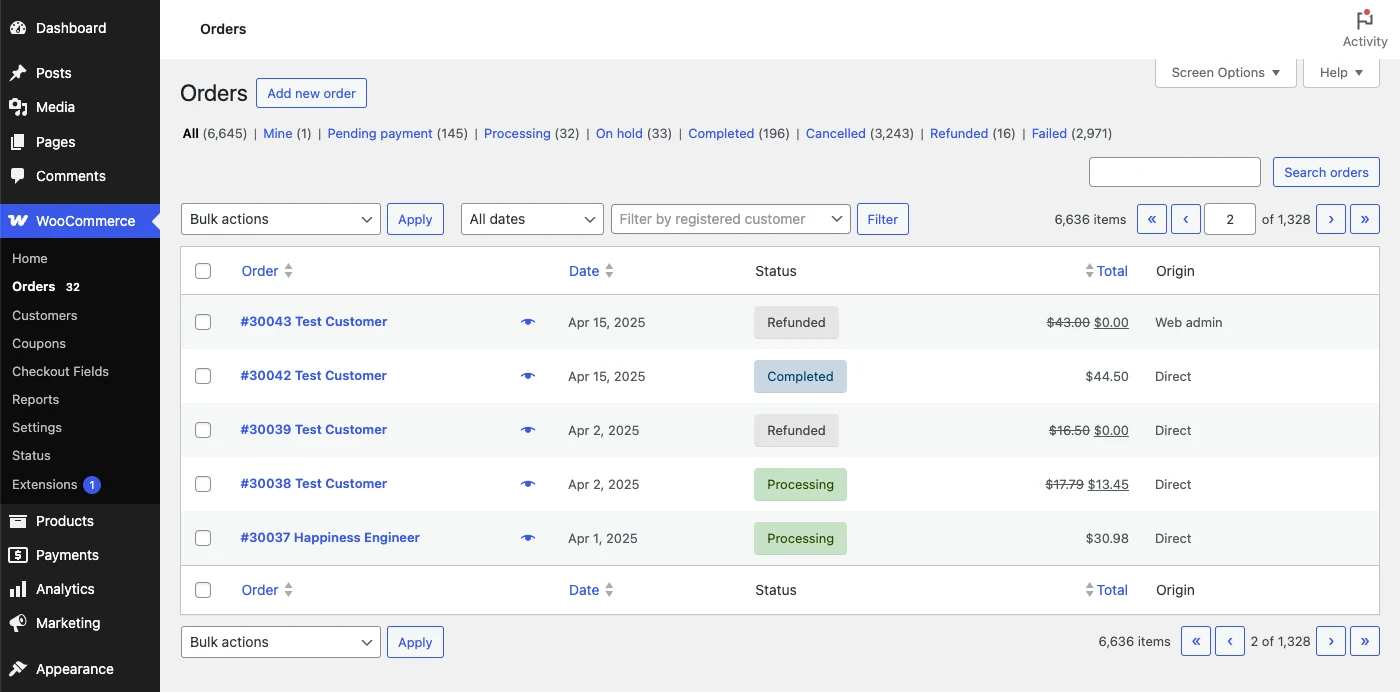 WooCommerce Orders interface showing order status date customer and total