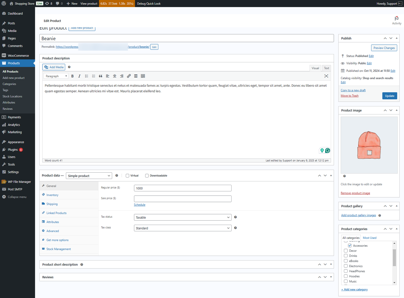 WooCommerce product edit interface with product data inventory shipping and variations