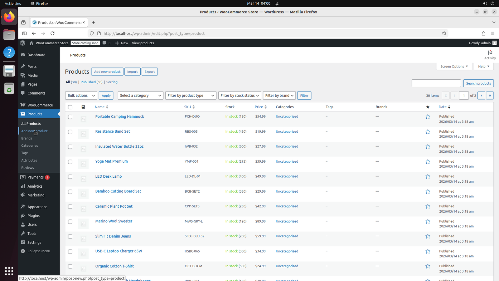 WooCommerce Products interface showing product inventory price categories and status