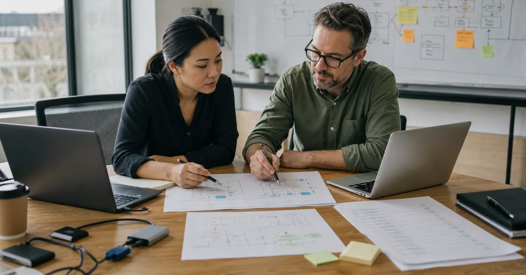 Automation specialists comparing source and target workflow maps during a migration planning session
