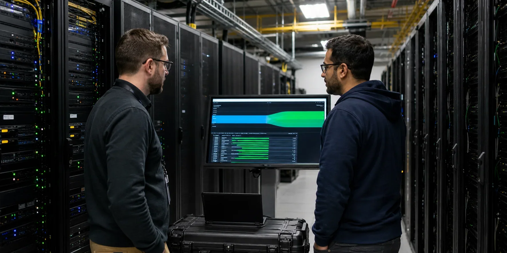 Infrastructure specialists preparing a website hosting migration in a server operations room