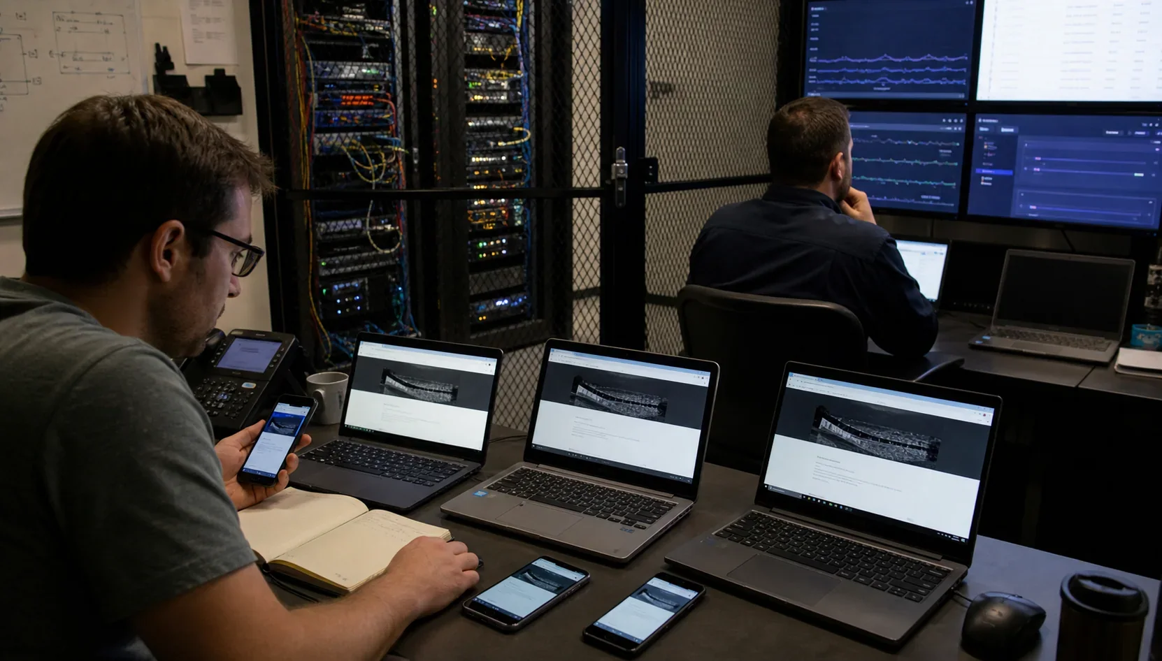 A technical team validating a migrated website across several devices
